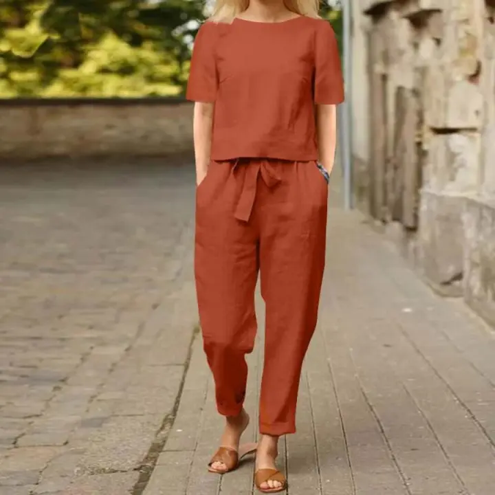 Conjunto de Verano de Algodón-Lino Manga Media, Cuello Redondo, Blusa Oversize, Pantalones de Pierna Ancha Ropa de Casa Retro - 1
