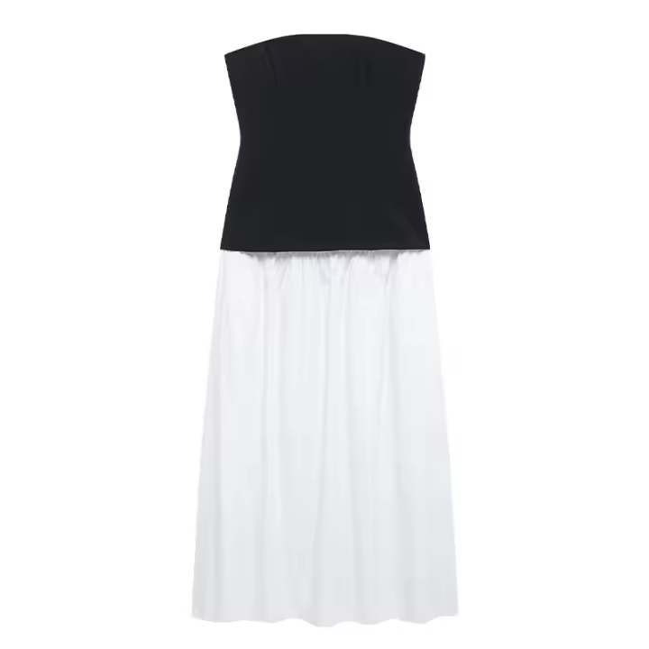 TRAFZA, vestido largo estilo vacaciones de verano para mujer, vestido negro blanco sin tirantes con cremallera, vestidos ajustados elegantes de nueva moda para mujer - 1