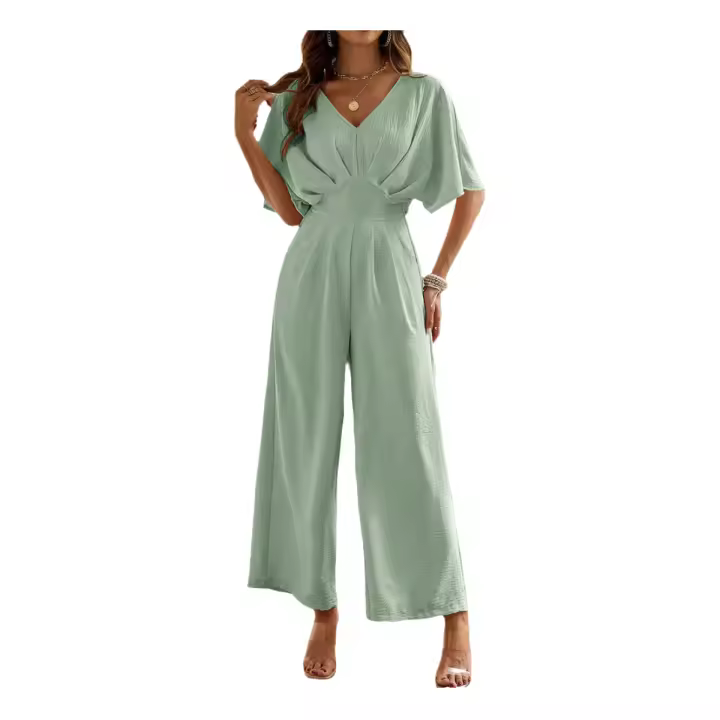 Monos de verano de manga corta para mujer, vestido de cintura alta con cuello en V y pantalones, color rojo burdeos - 1