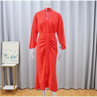 Vestido Midi plisado de manga acampanada para mujer, elegante, liso, con cuello en V, cintura alta, ajustado - details 3