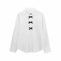TRAFZA, camisas informales de otoño para mujer, blusa lisa de manga larga con cuello vuelto y lazo decorativo de un solo pecho, blusa de moda para mujer de 2 colores - details 4