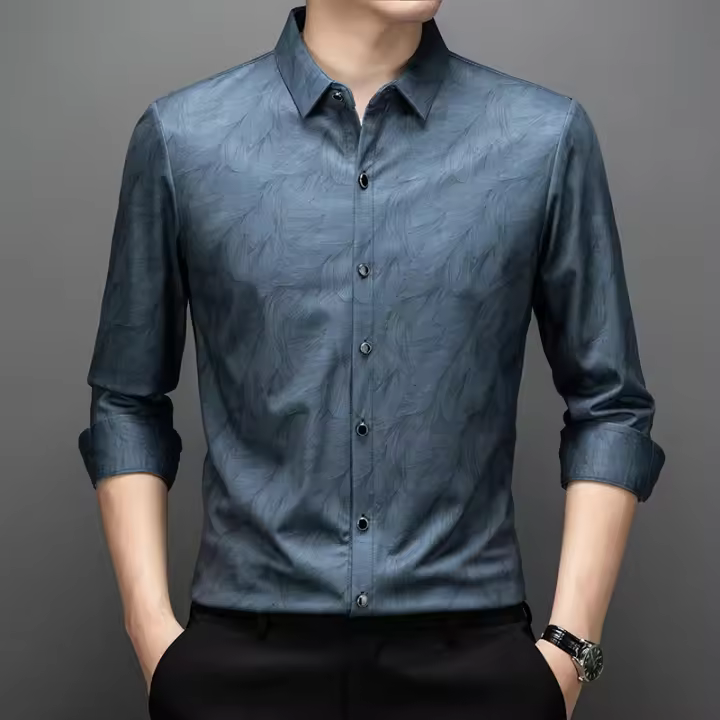 Camisa de Seda Gelada Versátil para Hombres Larga Manga, Impresa, Resistente a Arrugas, Ligera en Primavera Otoño - 1