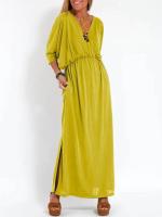 Vestido de verano nuevo de moda de color sólido con cintura alta y cuello en V dividido. - details 3
