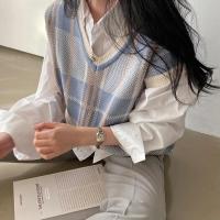 Chaleco de Cuadros Vintage Cuello en V, Ajuste Suelto, Moda Coreana de Punto para Mujer Otoño-Invierno - details 5