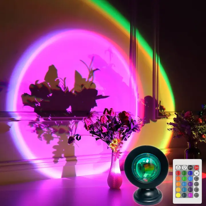 Lámpara de Noche con Proyección Sunset LED 16 Colores Control Remoto 4 Modos para Fotografía/Selfie/Fiesta/Hogar Luz de Pie con Diseño Espacial Ajustable - 1