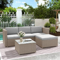 Conjunto de sofá lounge de poliratán, muebles de jardín lounge, sofá esquinero, conjunto de sofá con cojines de asiento y respaldo, mesa lounge con tapa de cristal, color caqui - details 0