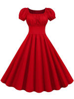 Summer women puff sleeve casual vintage party solid elegant midi dress - details 1