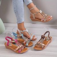 Women Wedge Sandals Rhinestone Braided Band Elastic Strap Slip On Shoes Versatile Outdoor Beach Sandals - details 1