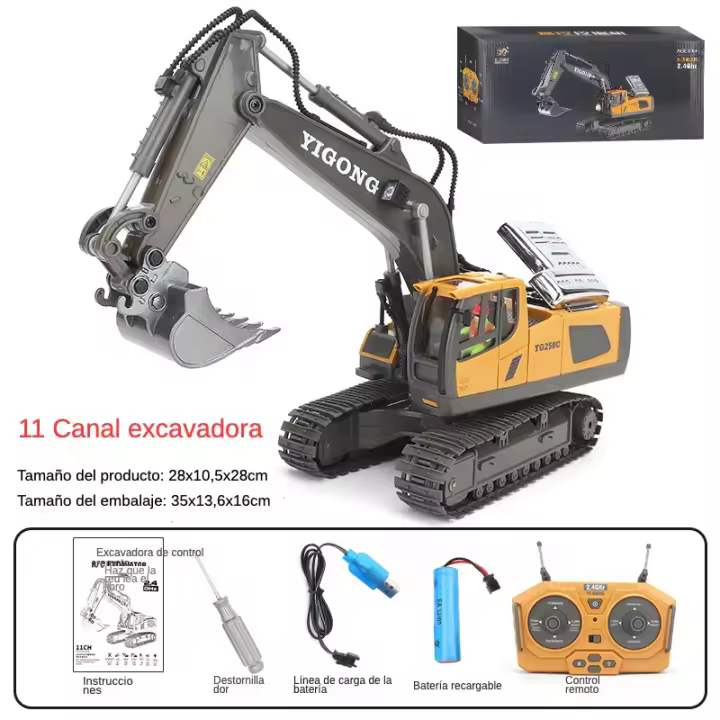 Excavadora RC de Aleación con 11 Canales y Carga para Niños, Vehículo de Construcción, Juguete - 1