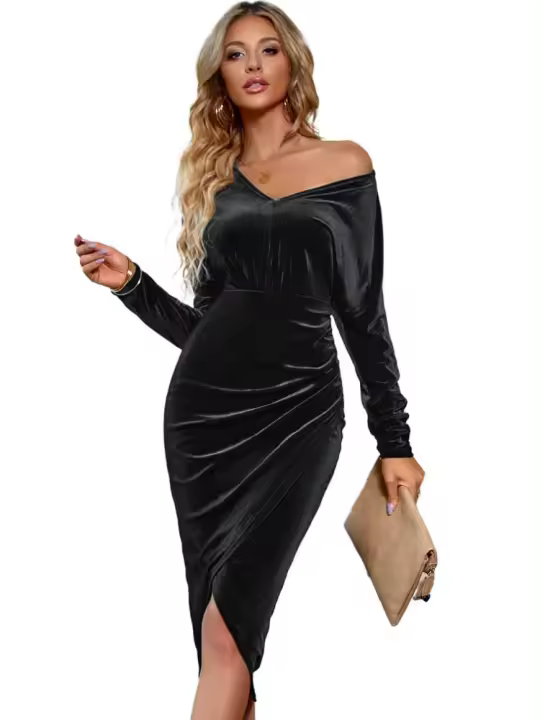 Vestido midi de manga larga con cuello en V para mujer, color sólido usado, moda coreana, otoño e invierno, nuevo - 1