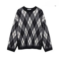 Moda mujer 2024 Otoño e Invierno nuevo jersey de punto a cuadros de diamantes casual suelto cuello redondo manga larga jersey cálido - details 0