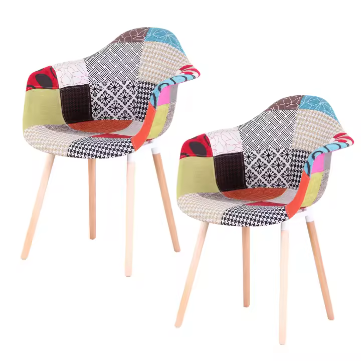 Sillas de comedor de tela de retales, sillón de oficina con asiento acolchado, patas de madera, muebles de cocina, 2 unidades por juego - 1