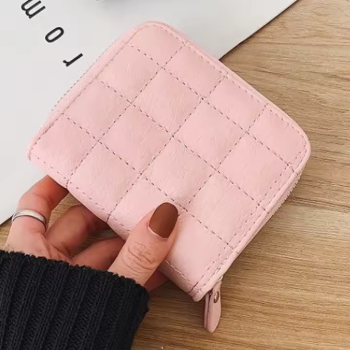 Cartera Corta para Mujer de Cuero PU Estilo Cuadros con Hilo Cartera Pequeña con Cierre de Cremallera Bolsa para Tarjetas y Monedero Elegante - 1