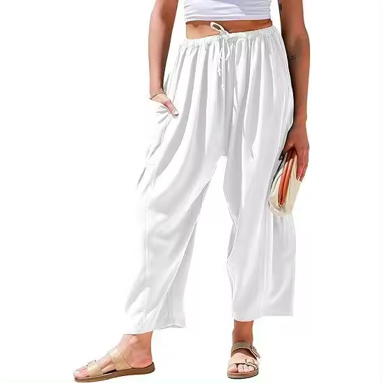 Pantalones de pierna ancha de lino para mujer, pantalones casuales sueltos de playa Palazzo Harem con bolsillos - 1