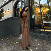 BUNO-vestido acanalado para Mujer, vestido clásico elegante con volantes, manga larga, cuello redondo, vendaje, vestido largo de sirena, Vestidos de calle alta para Mujer - details 1