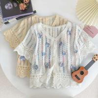 Top con botones de ganchillo con bordado floral, cárdigan corto de punto con mangas transparentes para mujer, tres Vintage Teengirl Fairycore - details 1