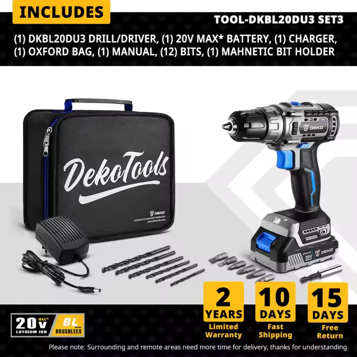 DEKO Kit Combinado de Taladro Inalámbrico, Destornillador Eléctrico, Llave de Impacto sin Escobillas, 20V - 1