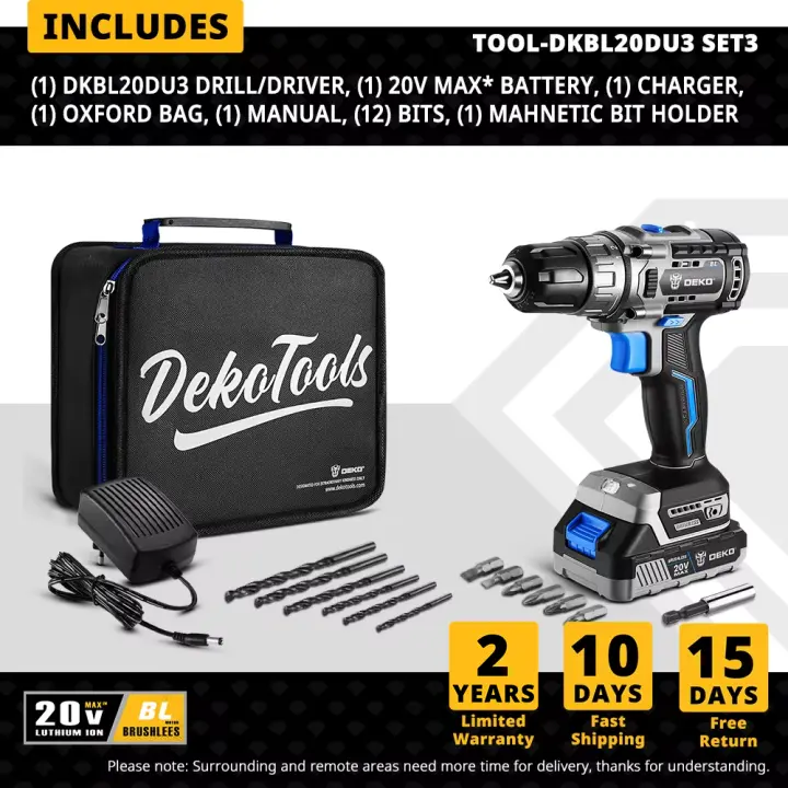 DEKO Kit Combinado de Taladro Inalámbrico, Destornillador Eléctrico, Llave de Impacto sin Escobillas, 20V - 1