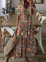 Vestido largo bohemio de verano para mujer, vestidos Vintage con estampado ral y manga con cuello en V, vestido de playa holgado informal con cordón para mujer - details 10