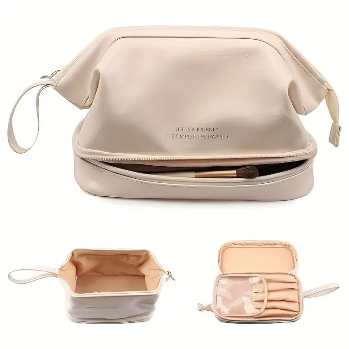Bolsa de maquillaje de doble capa minimalista, bolsa de cosméticos de color sólido, bolsa de aseo de viaje - 1