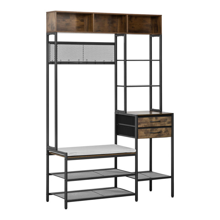 SucceBuy Perchero Multifuncional con Banco para Zapatos y Cajones de Almacenamiento, Organizador Independiente 3 en 1 con Estantería y Estante de Alambre, Solución de Almacenamiento con Estructura de Acero para Entrada, Dormitorio o Armario