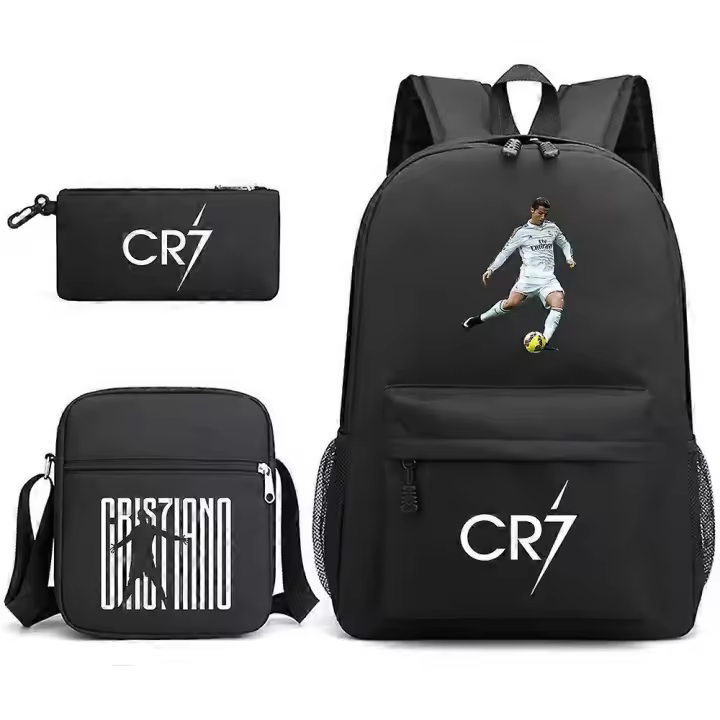 Mochila escolar Cr7 de tres piezas con estampado de la serie Star, mochila para estudiantes masculina y femenina, bolsa de lona de gran capacidad para exteriores, negra ~ 1 - 1