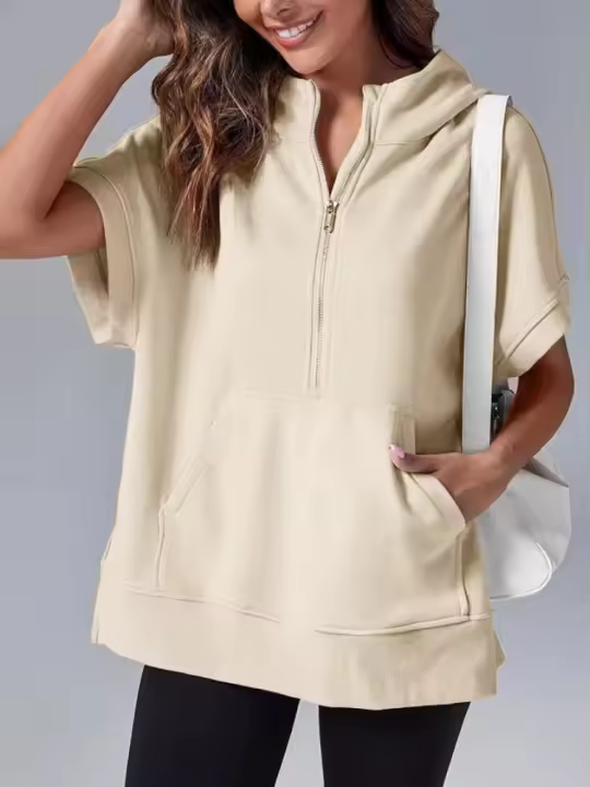 2025 suéter con capucha de manga corta casual de color sólido. - 1