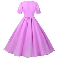 V neck women summer solid lantern short sleeve chiffon elegant vintage long party dress - details 43