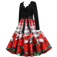 Women plaid print long sleeve vintage a line party dress v neck - details 86