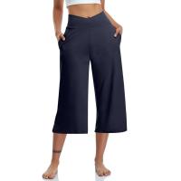 2024 primavera y verano mujeres elástico cintura alta 3/4 pantalón sólido Casual ajuste activo pantalones de pierna Capris anchos pantalones con bolsillos - details 9