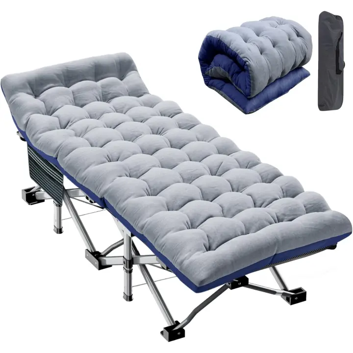 190x71x36CM Cama Camping Plegable para Adultos, 200KG Carga Cuna para Acampar Exterior con Cojín y Bolsillo Lateral, Marco de Acero+Tela Oxford Ligero Reclinable/Tumbona para Balcón, Jardín - 1