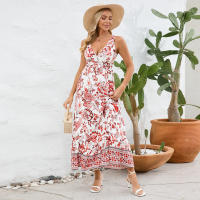 Vestidos largos bohemios para mujer, cuello en V, sin mangas, cintura alta, Maxi, estampados rojos, Playa - details 4