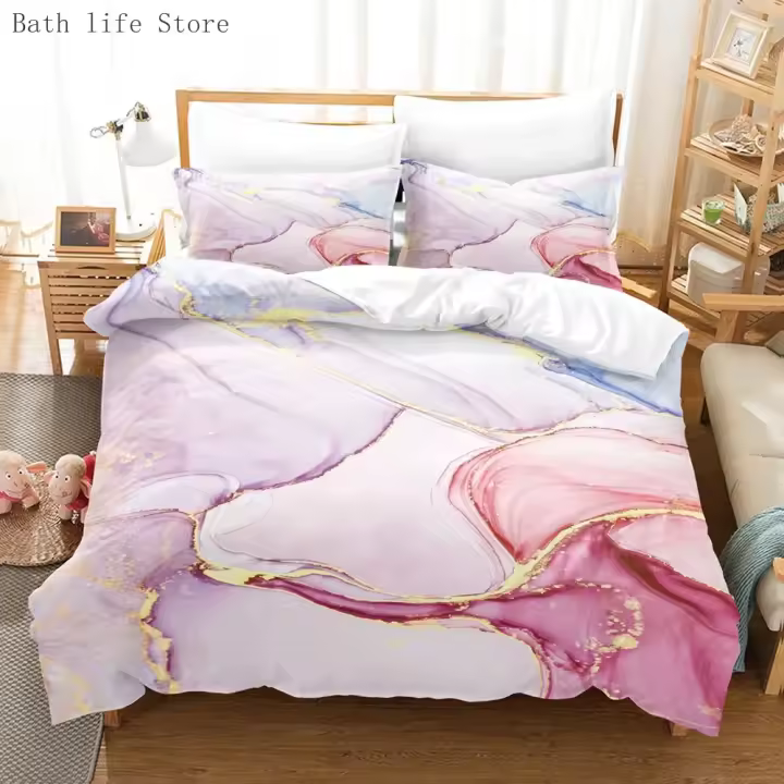 Conjunto de Cama de Mármol Rosa Dorado Cubierta de Edredón Moderna de Arte Abstracto - 1