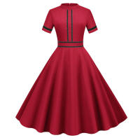 Solid women summer elegant short sleeve stand collar vintage a-line midi long party dress - details 10