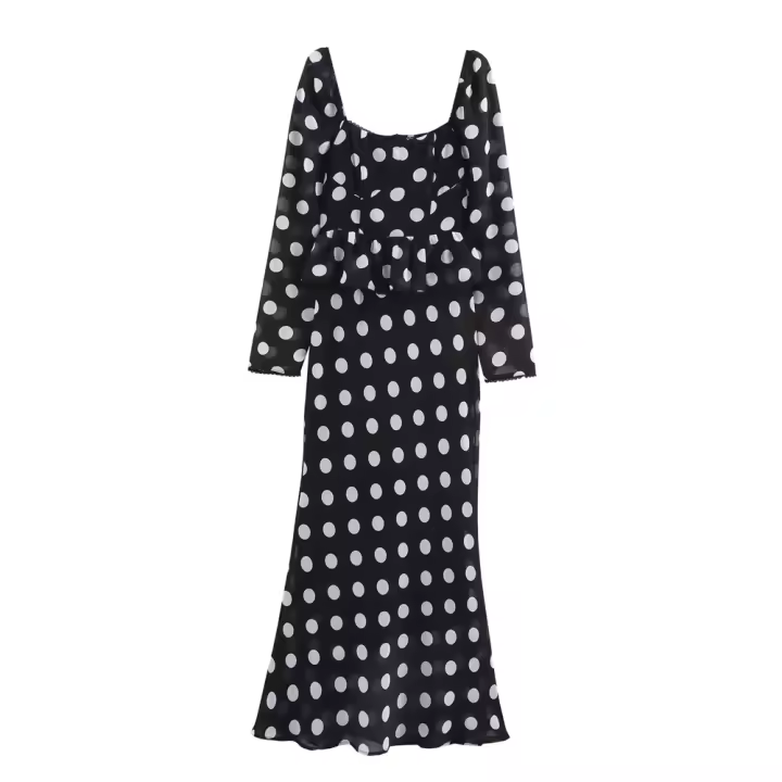 Vestido de lunares con cuello cuadrado, manga en la cintura, estilo elegante, falda larga, novedad de verano 2025, ropa de mujer - 1