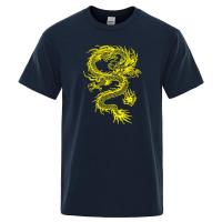 Camiseta holgada de algodón para hombre, ropa de calle de gran tamaño, transpirable, con estampado de dragón amarillo, estilo chino - details 10