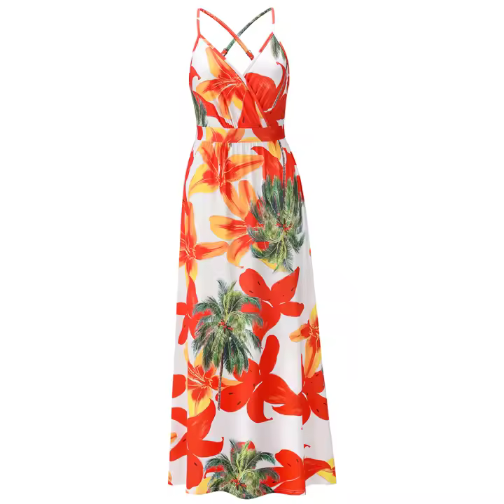Vestidos largos con cuello en V para mujer, sin mangas, cintura alta, playa, Maxi, estampado rojo S - 1