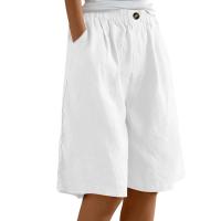 Pantalones Cortos de Lino y Algodón para Mujer Color Sólido, Cintura Suelta, Bolsillo, Botón, Moda Casual - details 6