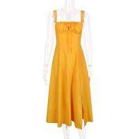 Vestido Midi bohemio de verano con tirantes finos y abertura en el muslo, vestido con lazo en la parte delantera, estampado liso, sin mangas, Vintage, vestidos de playa - details 50
