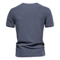 Camiseta de manga corta de punto con cuello Henry, camiseta informal de cuello redondo de color sólido para hombre, camiseta de gofre de talla europea - details 6