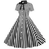 Polka dot print women summer short sleeve striped bow elegant vintage 50s party dress - details 21