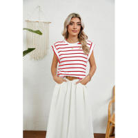 BUNO-2025 Tops para mujer, pantalón corto informal de moda de verano, camisetas básicas con textura a rayas de Color sólido y cuello redondo - details 71