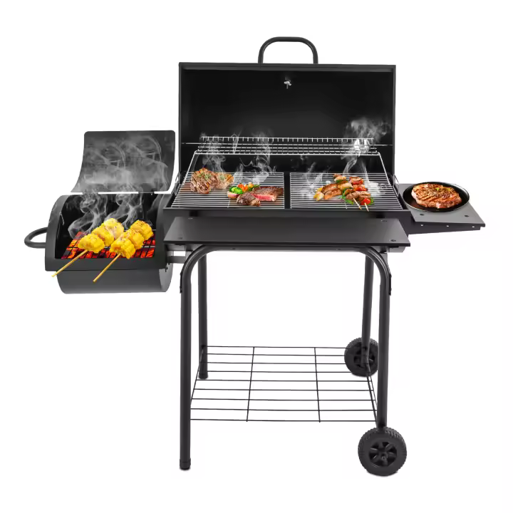 Barbacoa de carbón vegetal de acero inoxidable con tapa, parrilla y ruedas, para exteriores, 147x70x126cm - 1