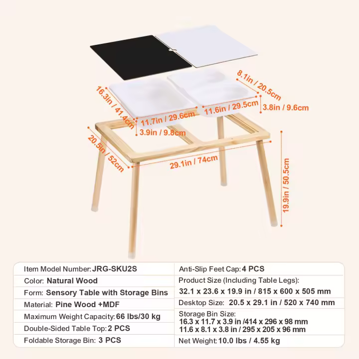 SucceBuy Mesa sensorial para niños pequeños, contenedores de almacenamiento, tablero de actividades de doble cara, mesa de arena y agua para juegos en interiores y exteriores, mesa sensorial de madera para niños para dibujar, estudiar, comer, natural - 1