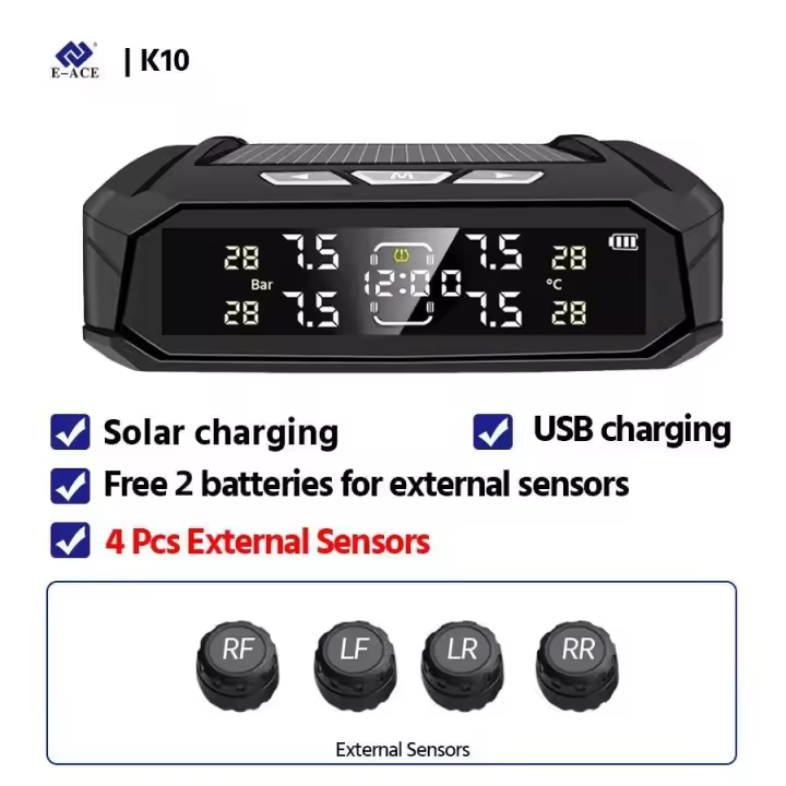 Sensor de E-ACE para coche TPMS, sistema inteligente de monitoreo de presión de neumáticos de 8bar para vehículos con 4 sensores, reloj electrónico, pantalla LCD - 1