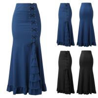 Falda larga de cintura alta para mujer, falda de medio cuerpo, dobladillo con volantes irregulares, elegante, Vintage, color sólido - details 0