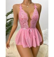 Traje sexy de encaje calado para mujer, traje suave y cómodo con lazo en V profundo, correa ajustable para el hombro, lencería de color sólido para mujer - details 3