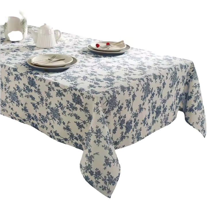 Sábanas de lino y algodón rectangulares pastorales lavables, estilo, con estampados florales azules - 1