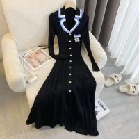 YuooMuoo elegante bordado carta tejido Maxi Otoño Invierno marca moda señora entallado negro suéter vestido batas de oficina - details 1