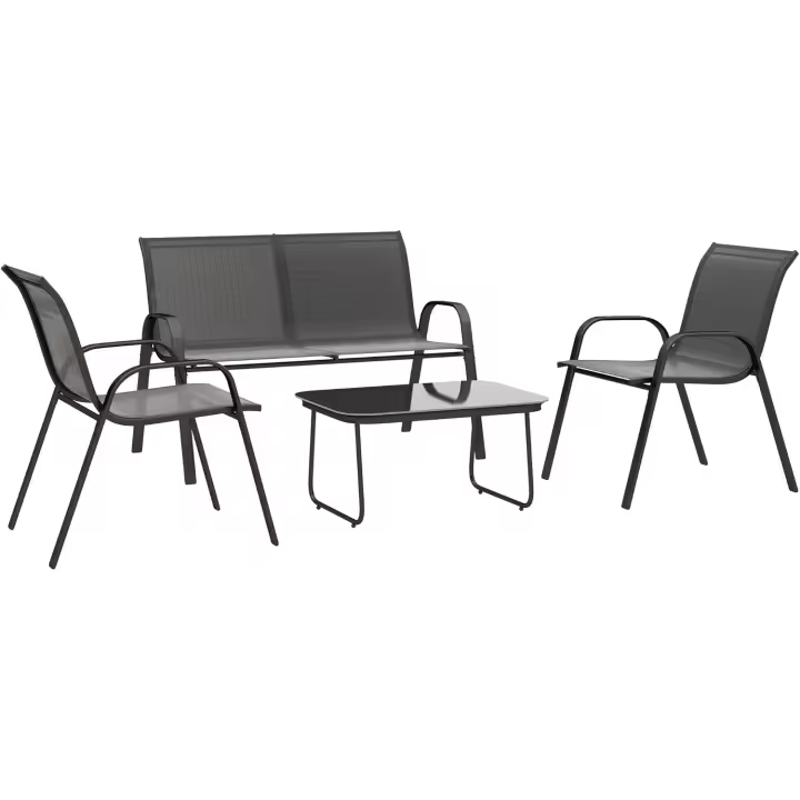 Conjunto de Jardín Exterior de 4 Piezas Muebles de Exterior con 2 Sillones Apilables, Sofá de 2 Plazas y Mesa de Centro con Vidrio Templado Negro - 1